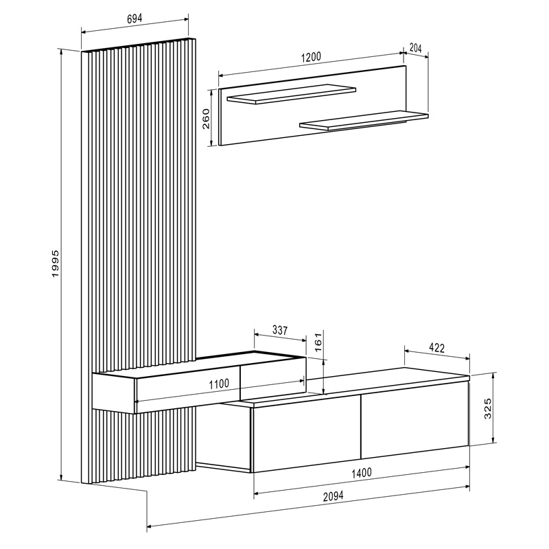 Komplet dhome ndenjeje Litende pakoworld melamine sonoma-e bardhë 210x42x199.5cm