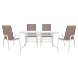 Set tavoline ngrënieje Valor-Calan B prej 5 pakoworld metal i bardhë-textilene kafe 140x80x70cm