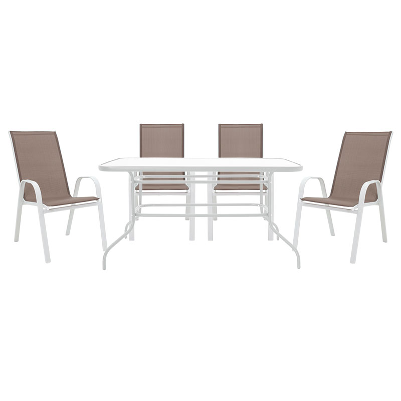 Set tavoline ngrënieje Valor-Calan B prej 5 pakoworld metal i bardhë-textilene kafe 140x80x70cm