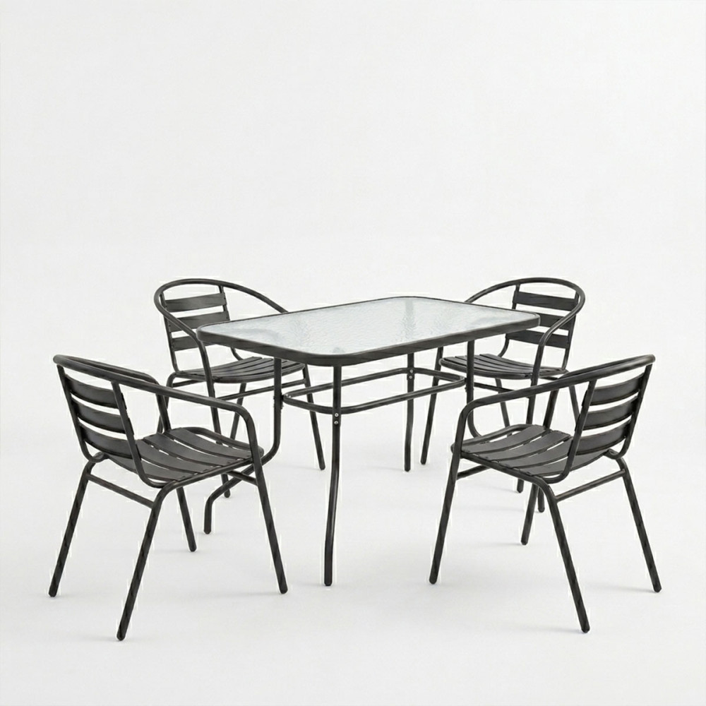 Tavolinë ngrënieje kopshti Valor-Tade set prej 5 copë pakoworld metal i zi-xham 110x60x70cm