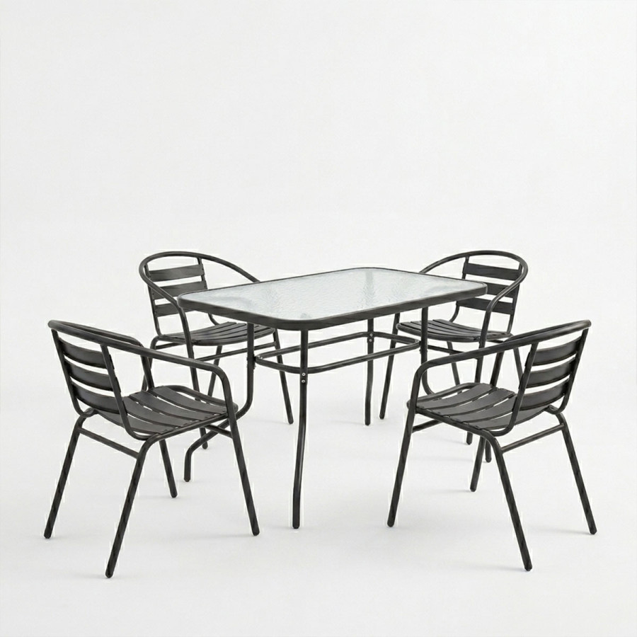 Tavolinë ngrënieje kopshti Valor-Tade set prej 5 copë pakoworld metal i zi-xham 110x60x70cm