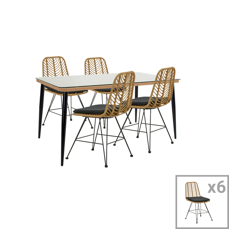 Tavolinë ngrënieje Naoki D pakoworld set prej 7 rattan natyral-metal i zi-xham 160x90x78cm