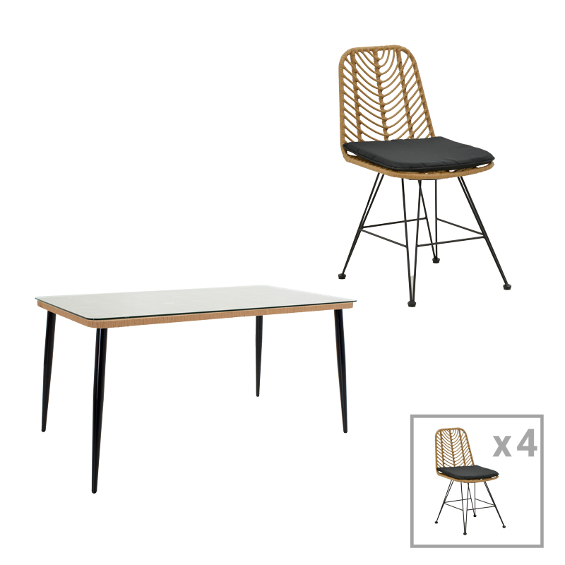 Naoki E pakoworld set tavoline ngrënieje me 5 copë, rrota natyrale-metal i zi-xham 160x90x78cm