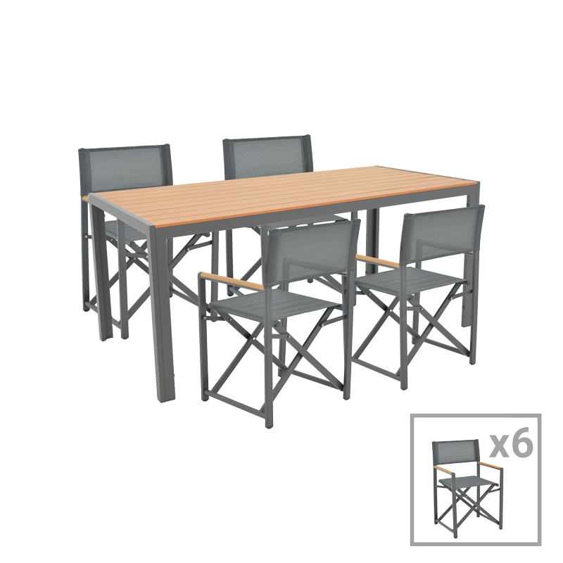 Set tavoline ngrënie Mabu-Nares 7 copë pakoworld alumini antracit dhe kompensatë në ngjyrë natyrale 180x90x72.5cm