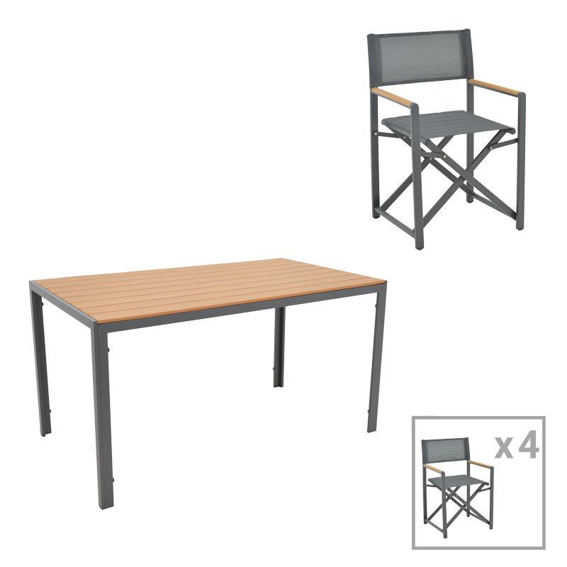 Set tavoline ngrënie Mabu-Nares 5 copë pakoworld alumini antracit dhe kompensatë në ngjyrë natyrale 140x80x72.5cm