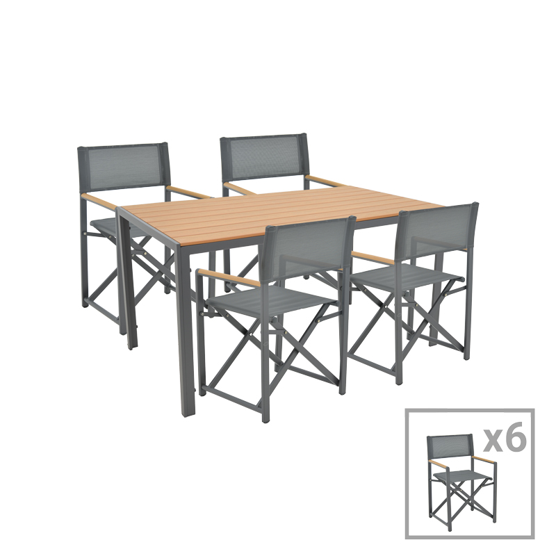Set tavoline ngrënieje Mabu-Nares 7 copë pakoworld alumini antracit dhe kompensatë në ngjyrë natyrale 140x80x72.5cm