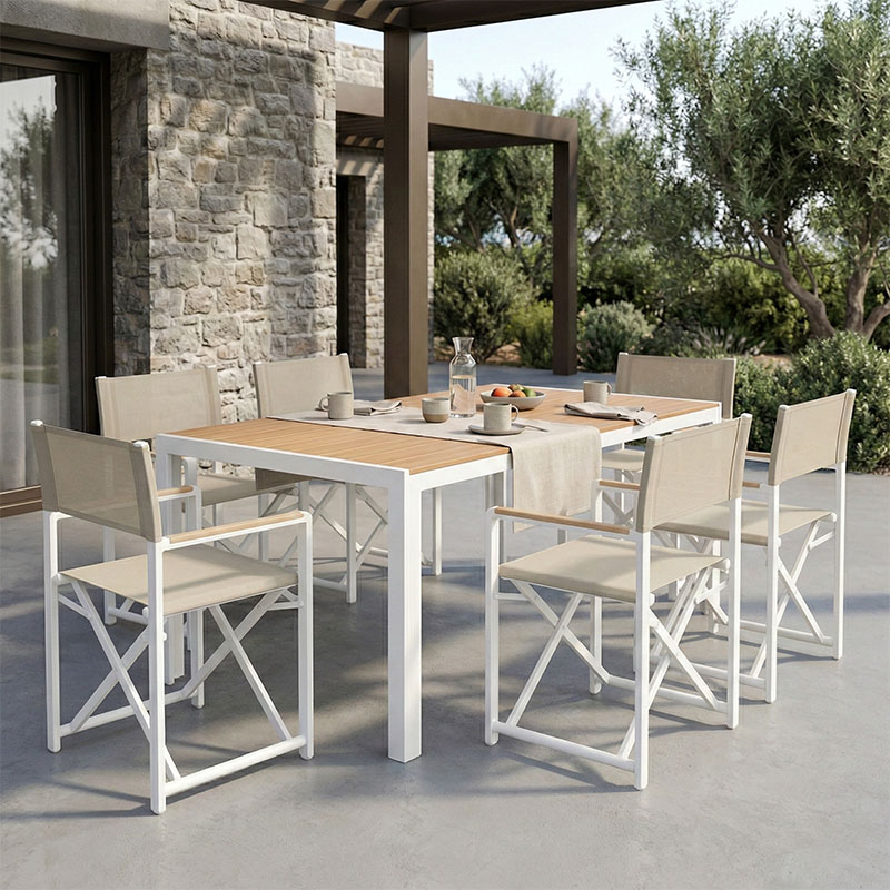 Set tavoline ngrënieje Mabu-Nares 7 copë pakoworld alumini i bardhë dhe kompensatë në ngjyrë natyrale 180x90x72.5cm