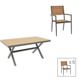 Tavolinë ngrënieje Vitality-Thorio set 7 pakoworld alumini antracit dhe kompensatë në nuancë natyrale 160x90x75cm