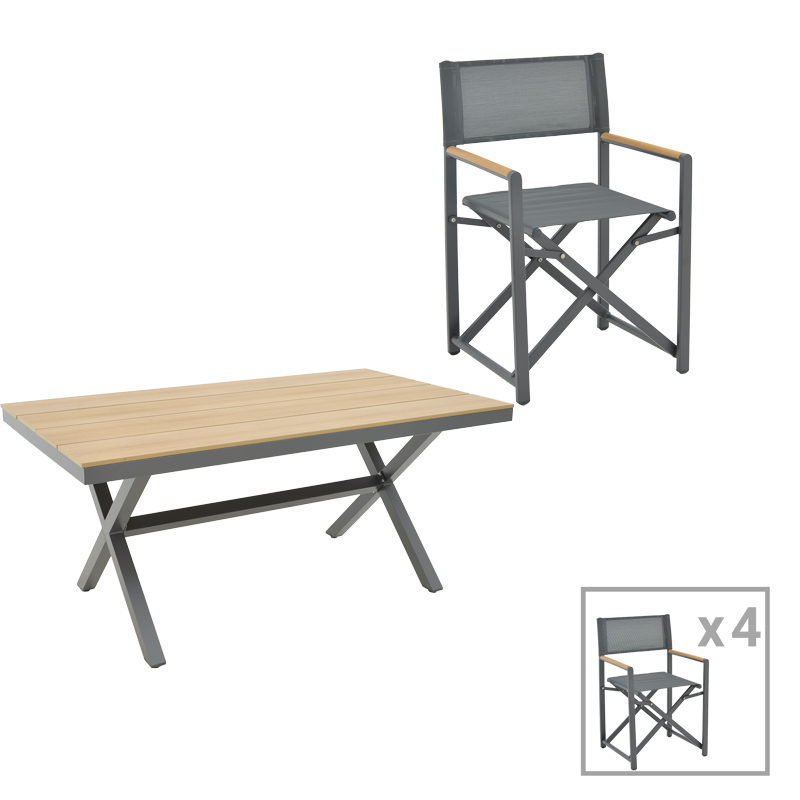 Set tavoline ngrënieje Mabu-Thorio 5 pakoworld alumini antracit dhe kompensatë në nuancë natyrale 160x90x75cm