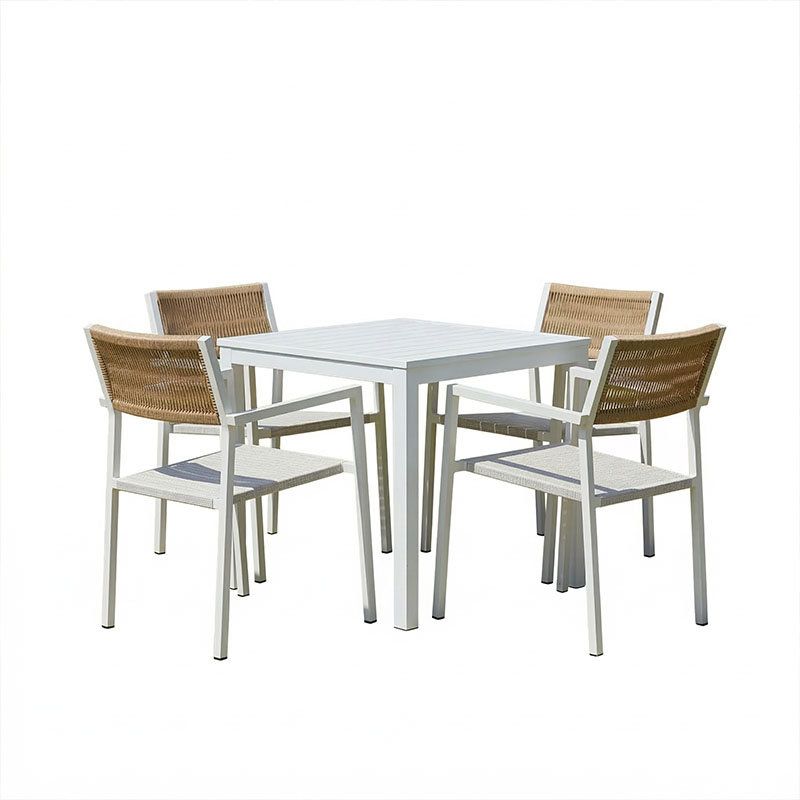 Tavolinë ngrënie Savor-Kliton set prej 5 pakoworld alumini i bardhë dhe rattan në ngjyrë natyrale 80x80x74cm