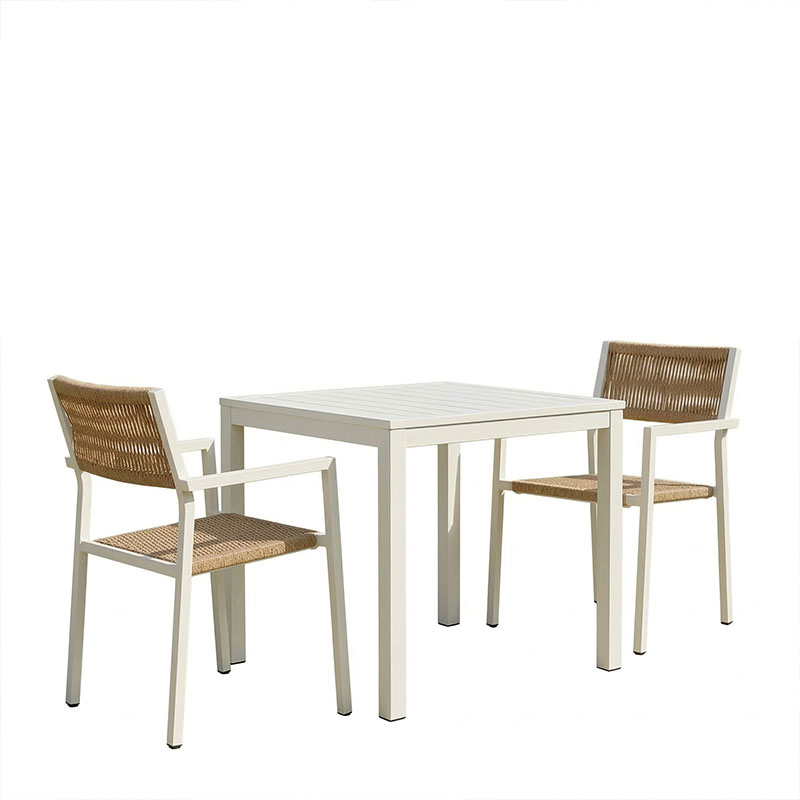 Tavolinë ngrënie Savor-Kliton set prej 3 pakoworld alumini i bardhë dhe rattan në ngjyrë natyrale 80x80x74cm