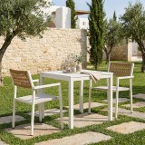 Tavolinë ngrënie Savor-Kliton set prej 3 pakoworld alumini i bardhë dhe rattan në ngjyrë natyrale 80x80x74cm
