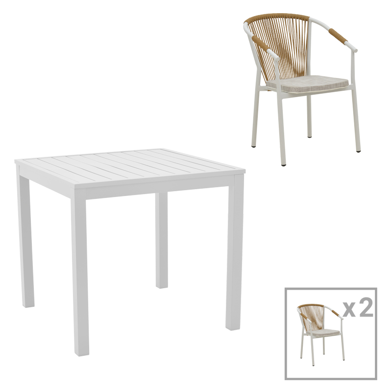 Tavolinë ngrënieje Kliton - Convince set me 3 copë pakoworld alumini në nuancë të bardhë 80x80x74cm
