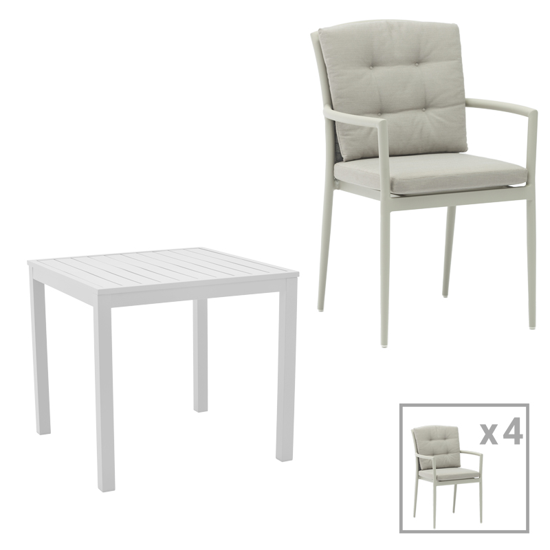 Tavolinë ngrënieje Kliton - Moritz set prej 5 pakoworld alumini në nuancë të bardhë dhe gri 80x80x74cm