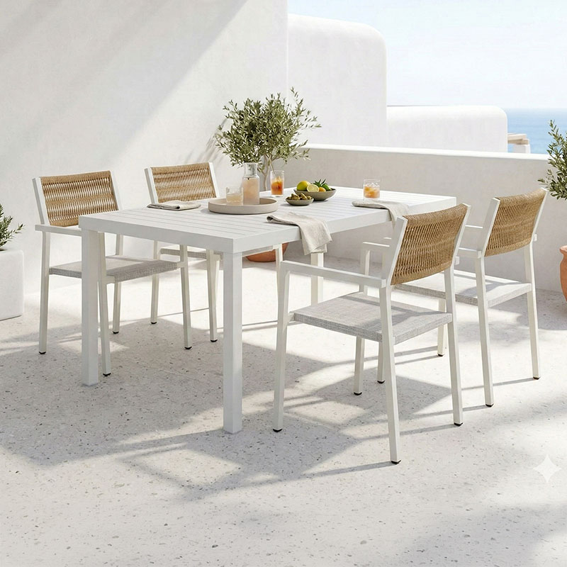 Tavolinë ngrënieje Kliton - Savor set me 5 pakoworld alumini në nuancë të bardhë 150x80x74cm