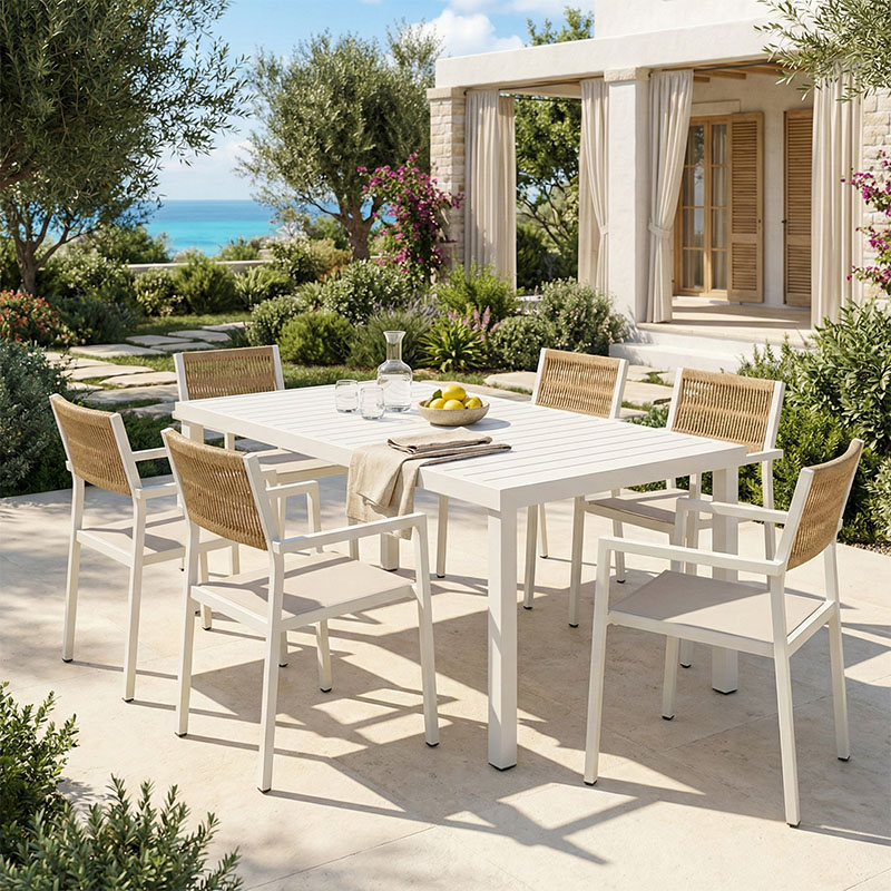 Tavolinë ngrënieje Kliton - Savor set me 7 pakoworld alumini në nuancë të bardhë 150x80x74cm