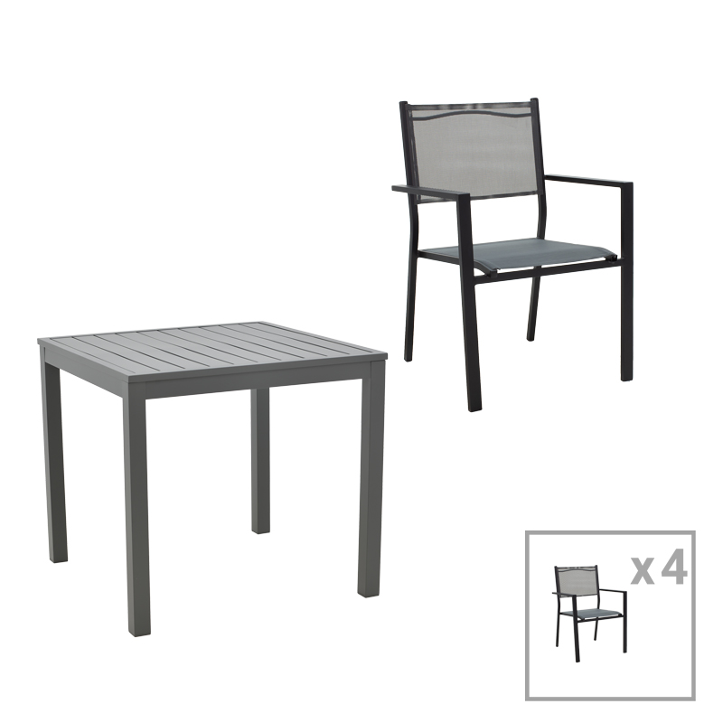 Tavolinë ngrënieje Moly - Kliton set 5 pakoworld antracit dhe alumin-tekstilen i zi në nuancë antracit 80x80x74cm