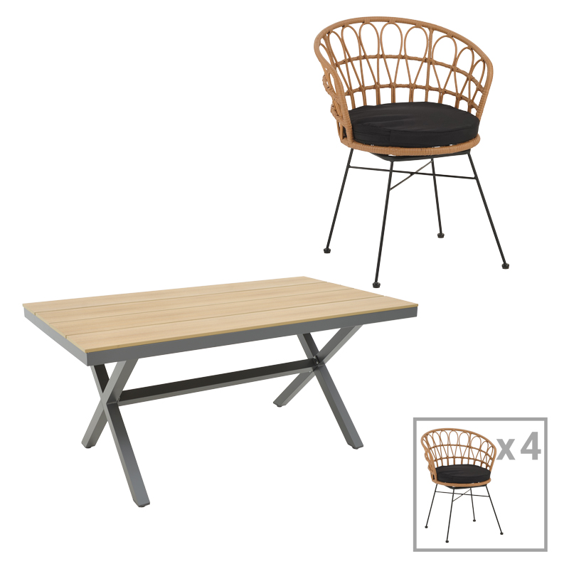 Set tavoline ngrënie Thorio-Felicia 5 copë pakoworld alumini antracit dhe kompensatë në një nuancë natyrale 160x90x75cm