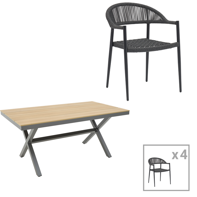 Tavolinë ngrënieje Thorio- Freiburg set prej 5 pakoworld alumini antracit dhe kompensatë në nuancë natyrale 160x90x75cm