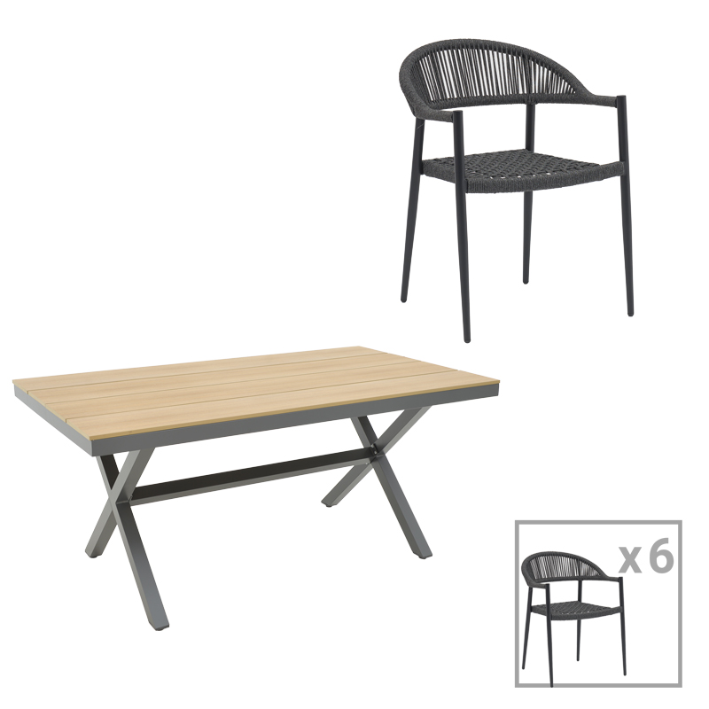 Tavolinë ngrënieje Thorio- Freiburg set prej 7 pakoworld alumini antracit dhe kompensatë në nuancë natyrale 160x90x75cm