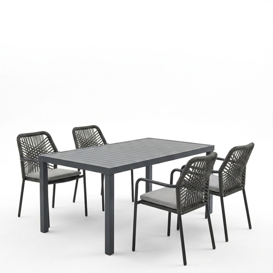 Tavolinë ngrënie Kherson-Kliton A set prej 5 pakoworld alumini dhe litar në nuancë antraciti 150x80x74cm