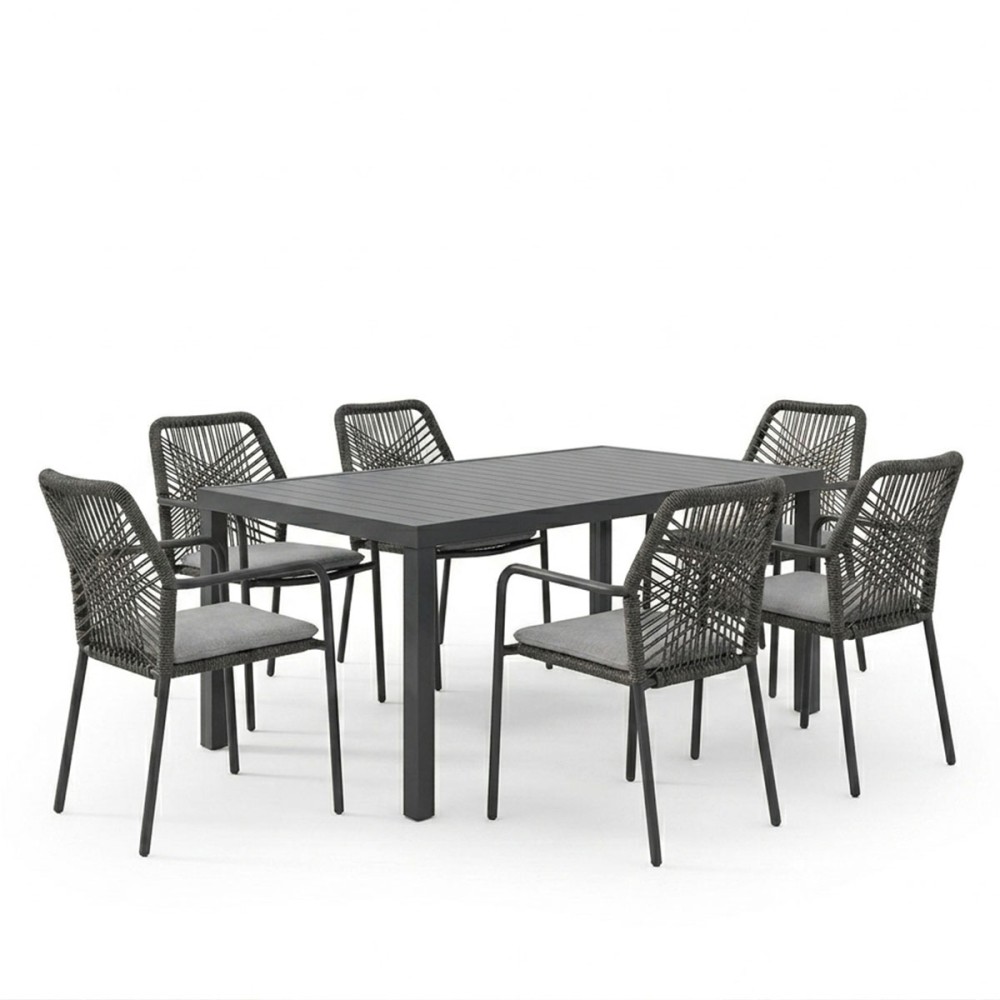 Tavolinë ngrënie Kherson-Kliton A set prej 7 pakoworld alumini dhe litar në nuancë antraciti 150x80x74cm
