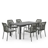 Tavolinë ngrënie Kherson-Kliton A set prej 7 pakoworld alumini dhe litar në nuancë antraciti 150x80x74cm