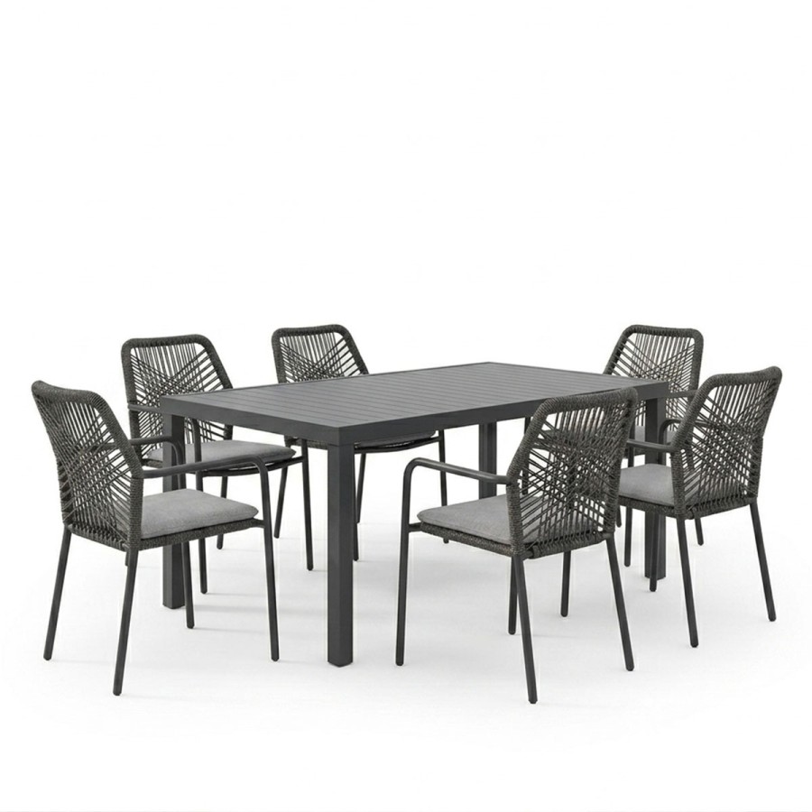 Tavolinë ngrënie Kherson-Kliton A set prej 7 pakoworld alumini dhe litar në nuancë antraciti 150x80x74cm