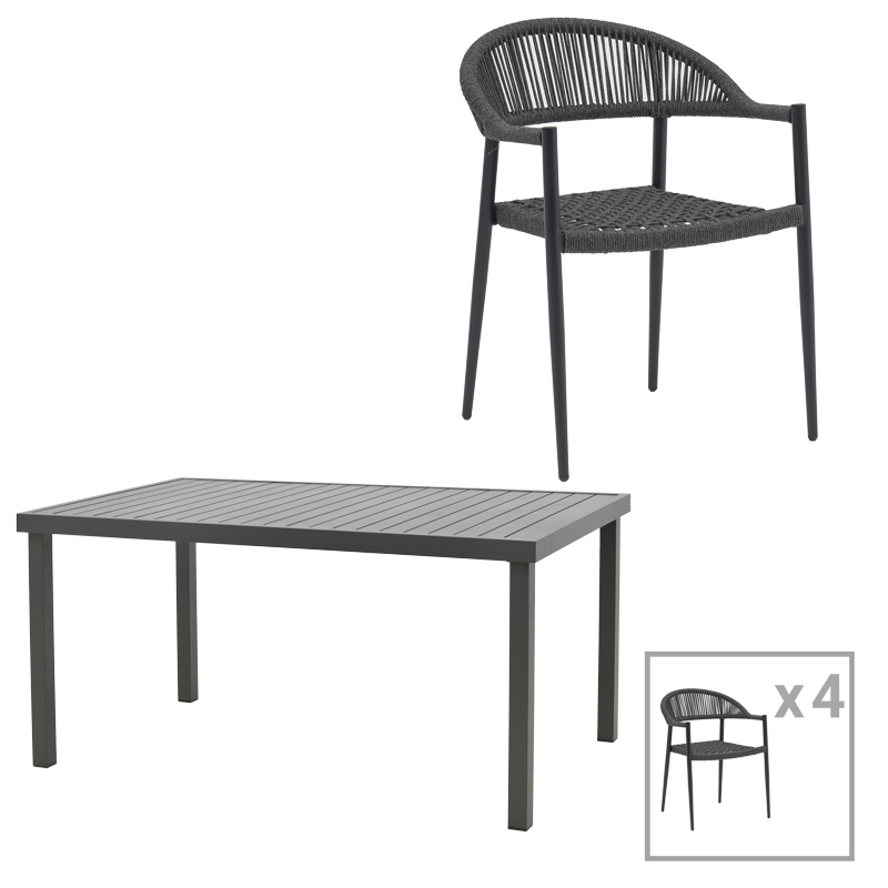 Set tavoline ngrënieje Freiburg-Kliton A me 5 copë pakoworld, alumin dhe litar në nuancë antracit 150x80x74cm