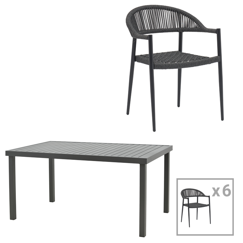 Set tavoline ngrënieje Freiburg-Kliton A me 7 copë pakoworld, alumin dhe litar në nuancë antracit 150x80x74cm
