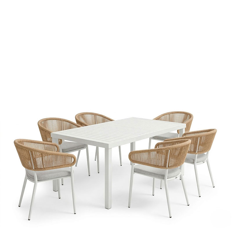 Tavolinë ngrënieje Kliton-Raven set me 7 pakoworld alumini në nuancë të bardhë 150x80x74cm