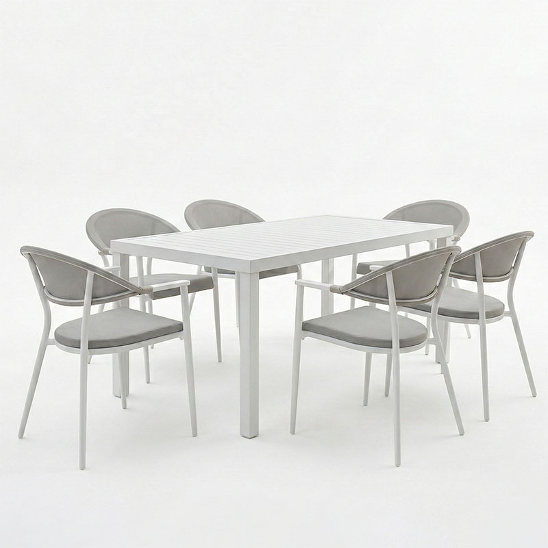 Tavolinë ngrënieje Kliton-Pino set me 7 pakoworld alumini në nuancë të bardhë 150x80x74cm