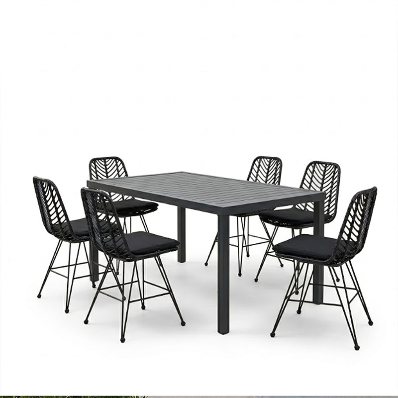 Tavolinë ngrënieje Naoki-Kliton II set me 7 copë pakoworld alumini antracit dhe rrethim pe në nuancë të zezë 150x80x74cm