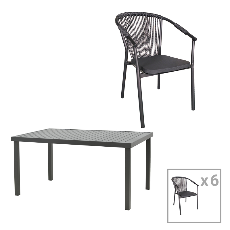 Tavolinë ngrënieje Convince - Kliton B set prej 7 pakoworld alumini në nuancë antraciti 150x80x74cm