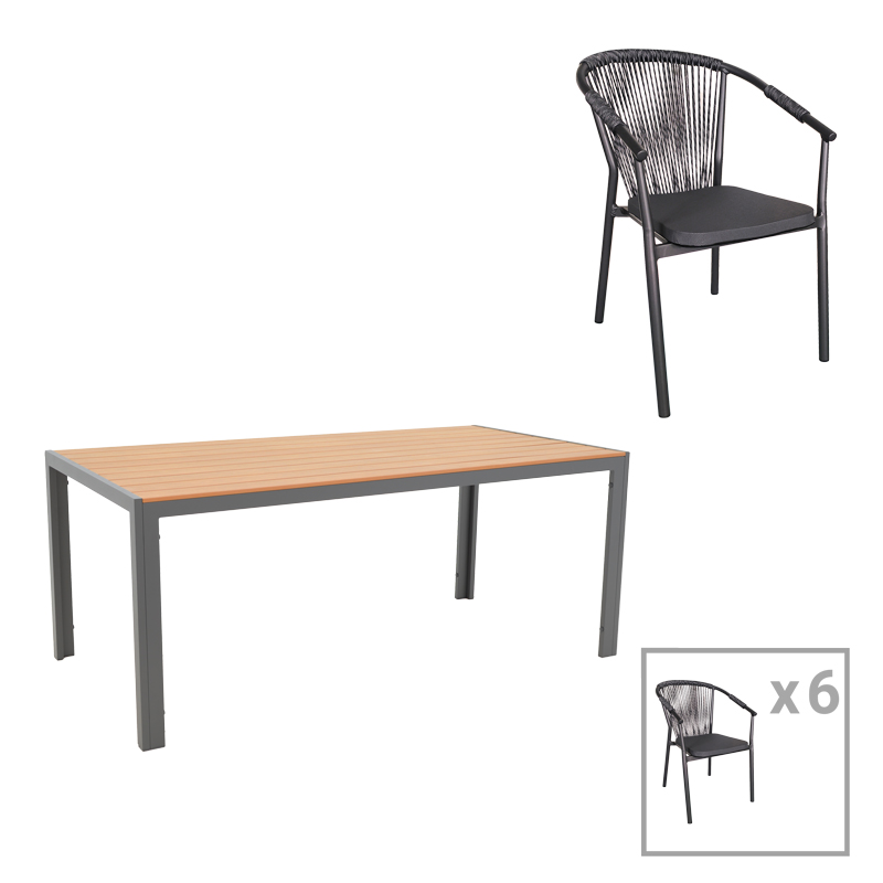 Tavolinë ngrënieje Nares-Convince set prej 7 pakoworld alumini antracit dhe kompensatë në nuancë natyrale 180x90x72.5cm