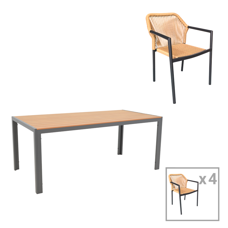 Set tavoline ngrënie Nares-Lush 5 copë pakoworld alumini antracit dhe kompensatë në nuancë natyrale 180x90x72.5cm