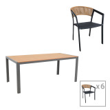Tavolinë ngrënieje Nares-Glisten set me 7 copë pakoworld alumini antracit dhe kompensatë në nuancë natyrale 180x90x72.5cm