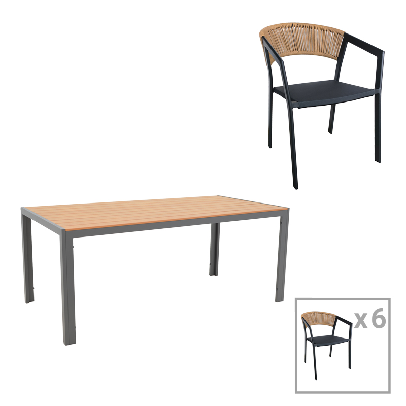 Tavolinë ngrënieje Nares-Glisten set me 7 copë pakoworld alumini antracit dhe kompensatë në nuancë natyrale 180x90x72.5cm