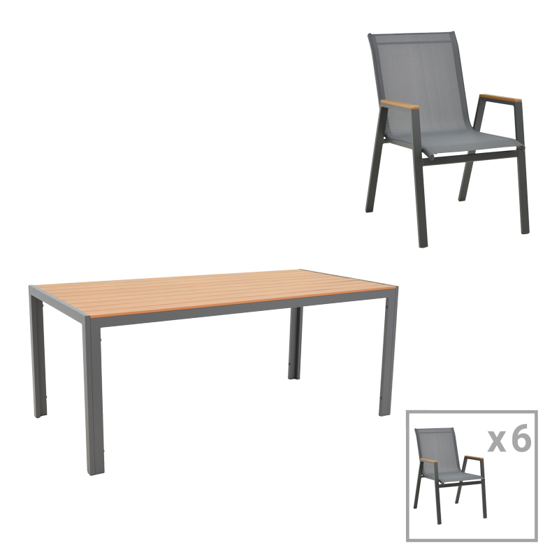 Tavolinë ngrënieje Nares-Azelie set prej 7 pakoworld alumini antracit dhe kompensatë në nuancë natyrale 180x90x72.5cm
