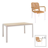 Tavolinë ngrënieje Nares-Norture A set prej 5 pakoworld alumini i bardhë dhe kompensatë në nuancë natyrale 140x80x72.5cm
