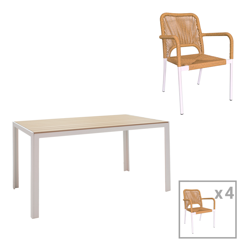 Tavolinë ngrënieje Nares-Norture A set prej 5 pakoworld alumini i bardhë dhe kompensatë në nuancë natyrale 140x80x72.5cm