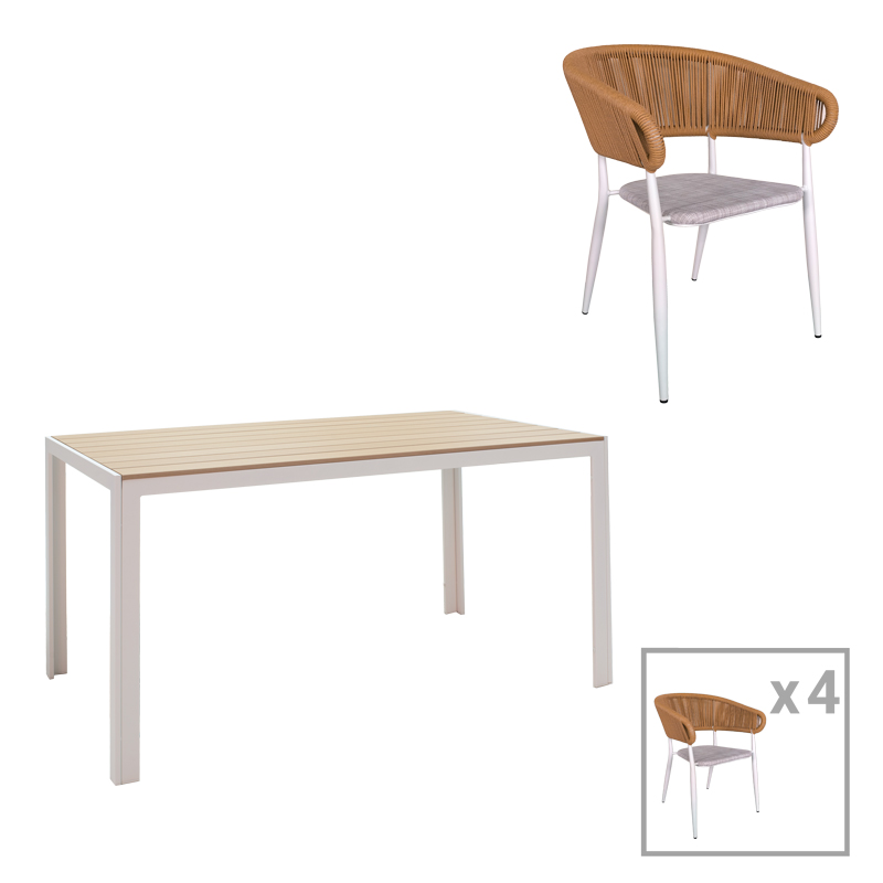 Set tavoline ngrënie Nares-Raven A 5 copë pakoworld alumini i bardhë dhe kompensatë në një nuancë natyrale 140x80x72.5cm