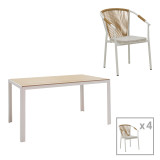 Tavolinë ngrënieje Nares-Convince A set me 5 copë pakoworld alumini i bardhë dhe kompensatë në nuancë natyrale 140x80x72.5cm