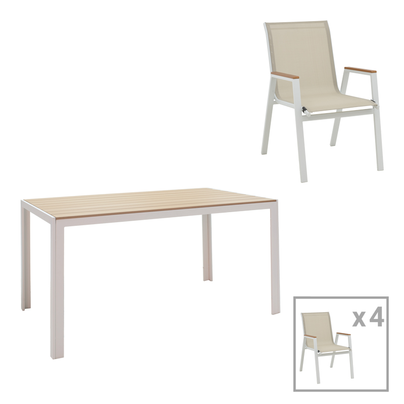 Tavolinë ngrënieje Nares-Azelie A set 5 pakoworld alumini i bardhë dhe kompensatë në nuancë natyrale 140x80x72.5cm