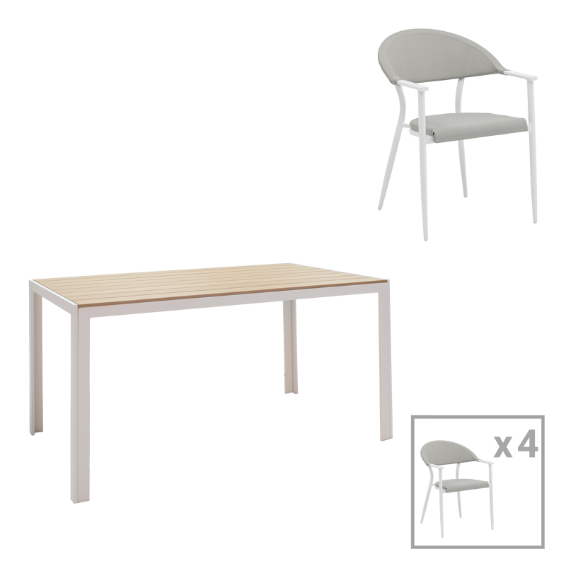 Tavolinë ngrënieje Nares-Pino A set me 5 pakoworld alumini i bardhë dhe kompensatë në një nuancë natyrale 140x80x72.5cm