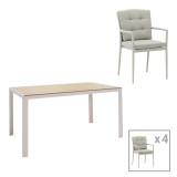 Tavolinë ngrënieje Nares-Moritz set me 5 pakoworld alumini i bardhë dhe kompensatë në një nuancë natyrale 140x80x72.5cm