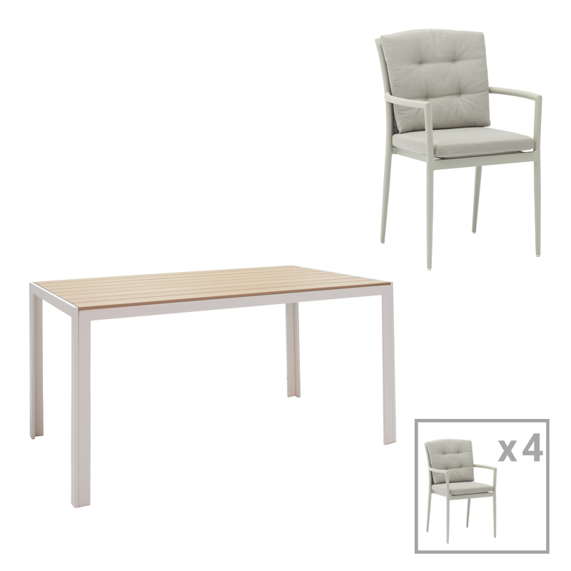 Tavolinë ngrënieje Nares-Moritz set me 5 pakoworld alumini i bardhë dhe kompensatë në një nuancë natyrale 140x80x72.5cm