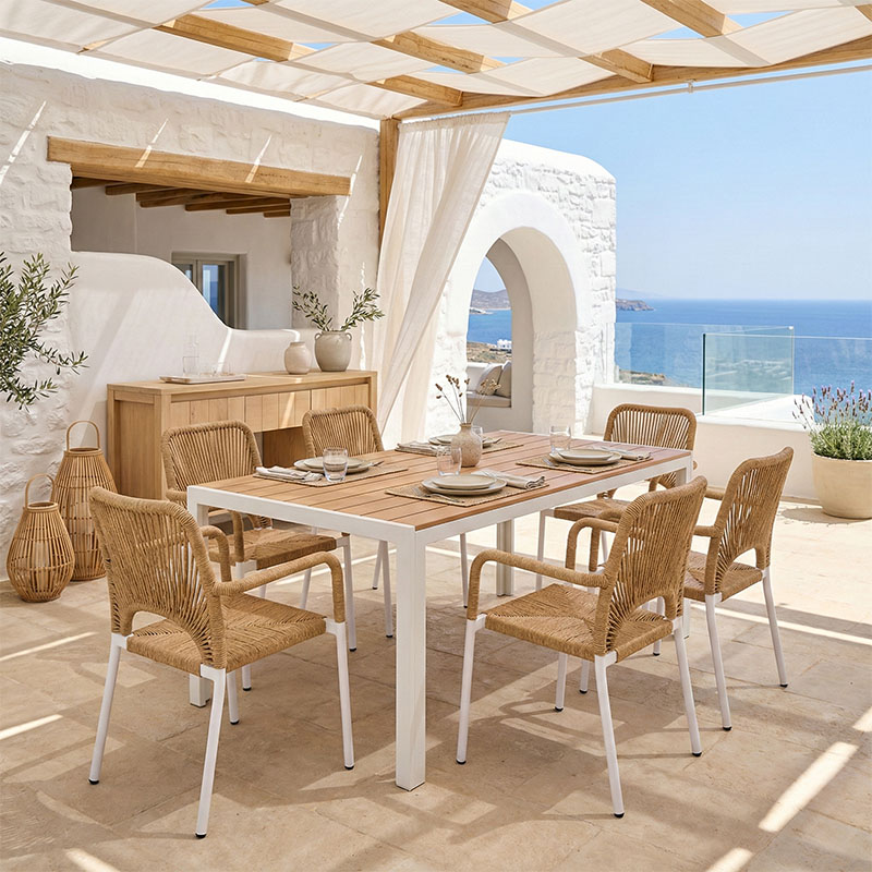 Tavolinë ngrënieje Nares-Norture B set prej 7 pakoworld alumini i bardhë dhe kompensatë në nuancë natyrale 180x90x72.5cm