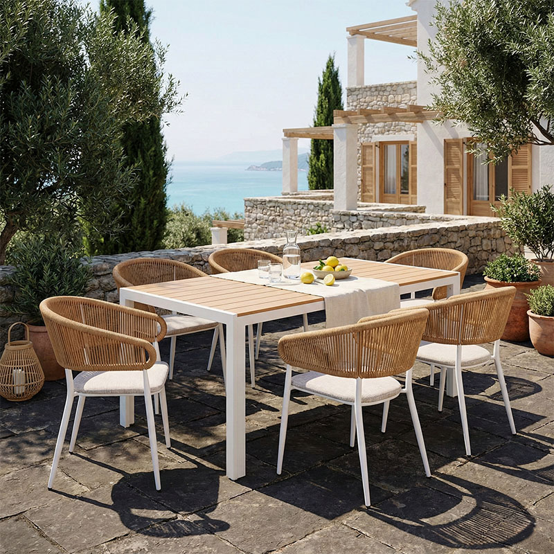 Set tavoline ngrënie Nares-Raven B 7 copë pakoworld alumini i bardhë dhe kompensatë në një nuancë natyrale 180x90x72.5cm