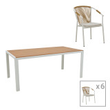 Tavolinë ngrënieje Nares-Convince B set me 7 copë pakoworld alumini i bardhë dhe kompensatë në nuancë natyrale 180x90x72.5cm